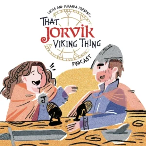 An illustration of the two vikings hosting a podcast