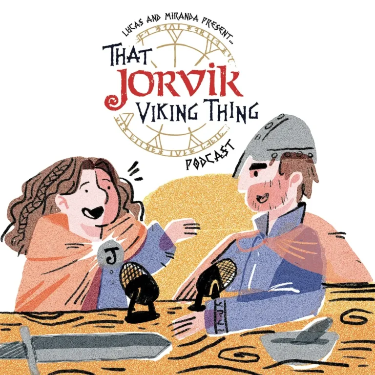 An illustration of the two vikings hosting a podcast